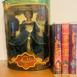 Vintage- Disney Aladdin Holiday Princess Jasmine Barbie Doll with Rare Three VHS Tapes