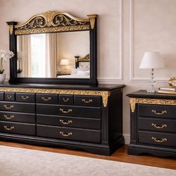Solid Wood Black & Gold Dresser Set - Mirror + Nightstand