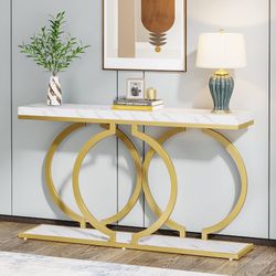Gold Console Table, 55 inch Modern Entryway Table with Geometric Metal Frame, Faux Marble Narrow Long Sofa Table for Living Room, Entrance, Hallway, W