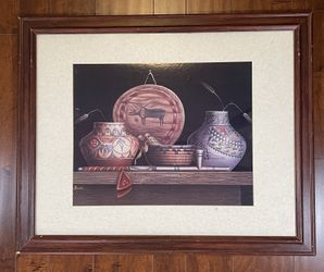 Artwork of Native American Pottery Peace Pipe Basket Print 25.5"x31.5" Signed