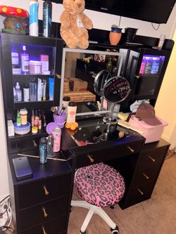 Black Makeup Vanity with LED Mirror & Storage
