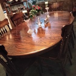 Antique Oak Table Eight Chairs Two Leaves Only One Showing In The Picture Very Heavy Dark Oak Perfect $3,000 Hutch With Mirror Dark Oak Perfect 500