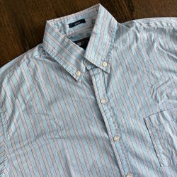 REYN SPOONER Shirt Men S Blue Reverse Print Striped Stretch Classic Fit Preppy
