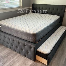 Full Twin Grey Frenchi Trundle Bed With Ortho Mattress Included!!