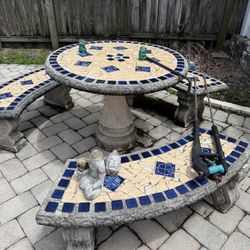 Mosaic Concrete Table With 3 Benches