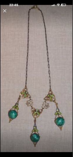 Art Nouveau Enamel, Brass, & Green Glass with Brass Chain