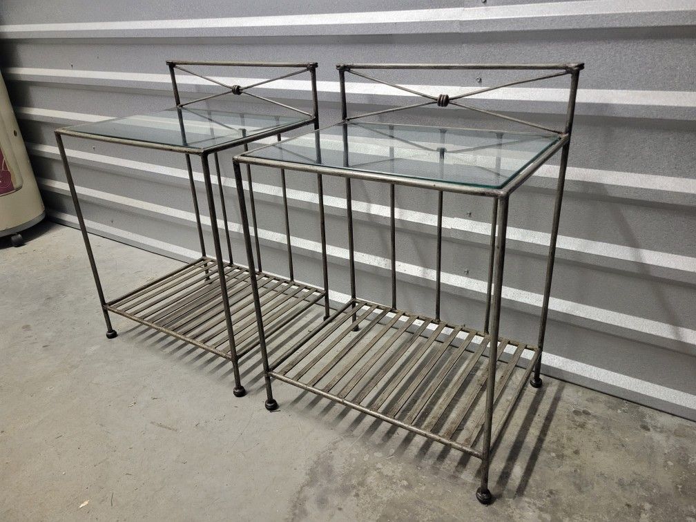 Vintage Set of Metal, Glass Top Side Tables Plant Stand Indoor/Outdoor Gray Decor