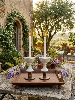 Pair mixed-material taper candlesticks featuring white ceramic upper stems