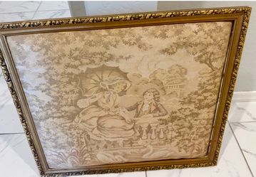 Ornate Gold Framed Vintage Textile Art (Garden Scene)