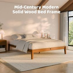 King Joinery Platform Bed Frame, Mid-Century Modern, Noise-Free Solid Bamboo Wood Sustainable, Sturdy Slat Support with Heavy Duty, Tool-Free Assembly