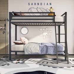 Loft Bunk Bed Twin Over Twin Size with Ladder, Matte Black Safety Guardrail,No Box Spring Needed, Space Saving Bedroom Furniture