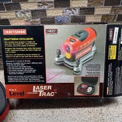 Versatile Craftsman laser level set comes with original box and zippered carrying case. Kit includes red laser level unit, wall mount marking base, an