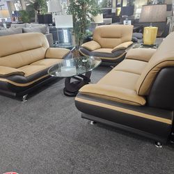 Brand New Yellow Over Brown Bonded Leather 3PCs Sofa Set