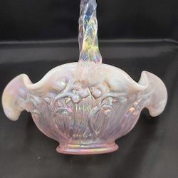 Gorgeous Vintage Fenton Champagne Satin Opalescent "Lily Of The Valley" Glass Basket 