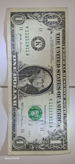 $1 Bill w/Fancy Serial #-Near Solid/7 Of A Kind + Binary + Book Ends + Birthday Note!!