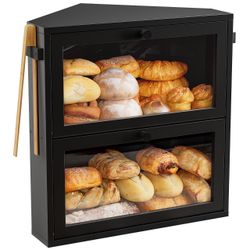 Corner Bread Box for Kitchen Countertop, Double Layer Under Cabinet Organizer (Black, Extra Large)