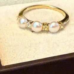 Faux Pearl And White Sapphire Gold Plated Ring
