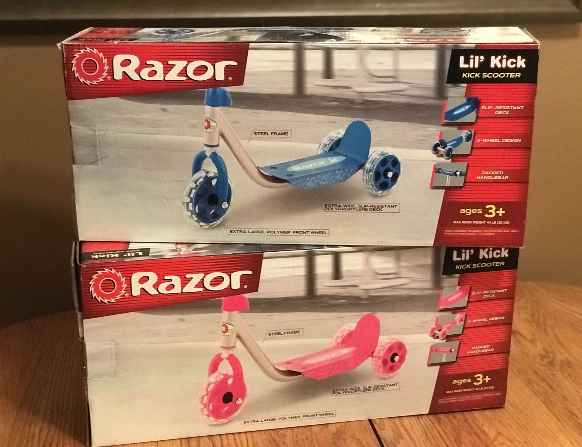 RAZOR Lil’ Kick Scooters One Pink One Blue New in Box.