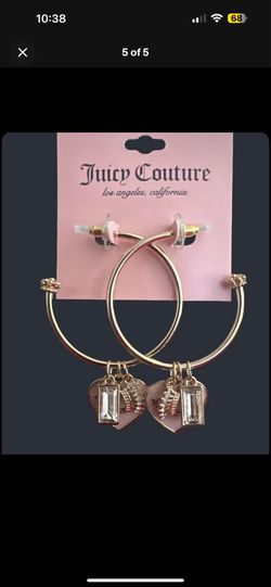 Juicy Couture Gold Tone Hoop Earrings With Pink Heart, Crown & CZ Charm