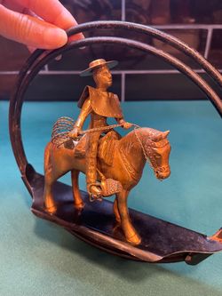Very unique and rare vintage solid brass South American rider on horse mounted In wrought iron ring