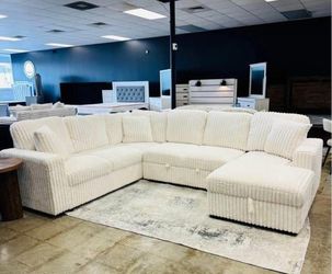 NEW IN BOX- Beige Sectional With USB Charging Ports & Pull-Out Bed & STORAGE CHAISE** Finance $54