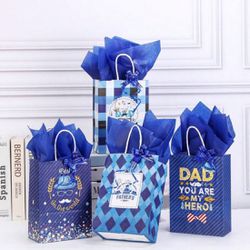 4pcs Men's Theme Gift Bags, Suitable For Men's Gifts, Father Day Gift Bags, Comes With 4 Black Wrapping Papers, 4pcs Gold Bows