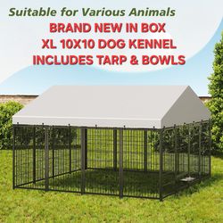 Brand new in box Heavy duty dog kennel right under 10'x10' reinforced Iron dog cage w/ Swivel feed door, bowls, roof tarp canopy all weather dog cage 