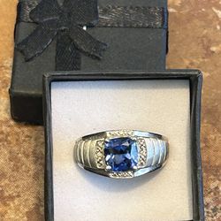 14K White Gold Genuine 4.0 CT London Blue topaz and Diamond Ring Size 11