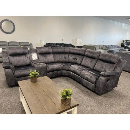 DARK GRAY Faux Suede Modular Sectional Sofa w/ Manual Recliner