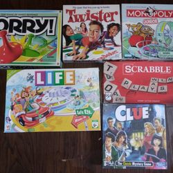 Lot Of 6 Boardgames Life,scrabble,twister,clue