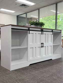 ✨Brand New✨66"L TV Stand , Mid Century Modern Entertainment Center with Sliding Barn Doors and Large Storage Drawer (White) Very good quality.  ✅Dimen