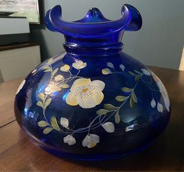 Vintage Rare Limited Edition Signed Fenton Cobalt Blue Hand Painted Floral Glass Hurricane Lampshade
