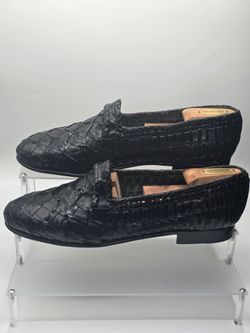 Moreschi Woven Leather Loafers Mens 11 Black Handmade Italy Huarache Slip On