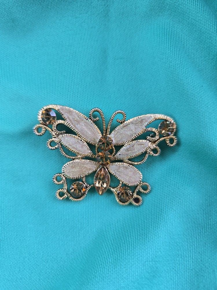 Vintage Butterfly Brooch Topaz Navette Rhinestone Jewelry Gold Tone #butterflybrooch