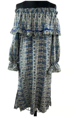 Kristinit Off The Shoulder Silk Dress Balloon Sleeve Flounce Neck Ruffles Sz XS
