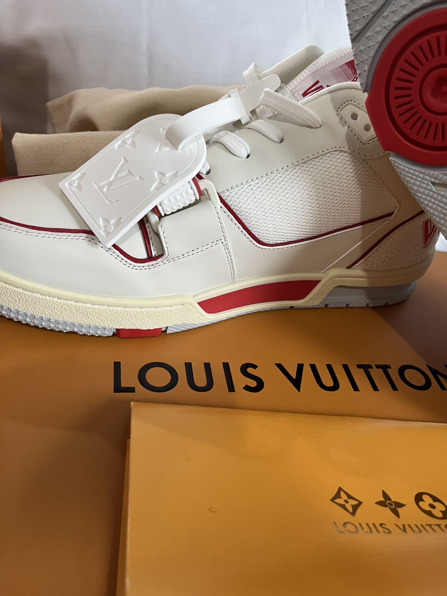Brand New Louis Vuitton RED/White Velcro strap Mono Trainer Sneakers (Size:  Euro 44 /Men US 10-11) for Sale in Valley Stream, NY - OfferUp