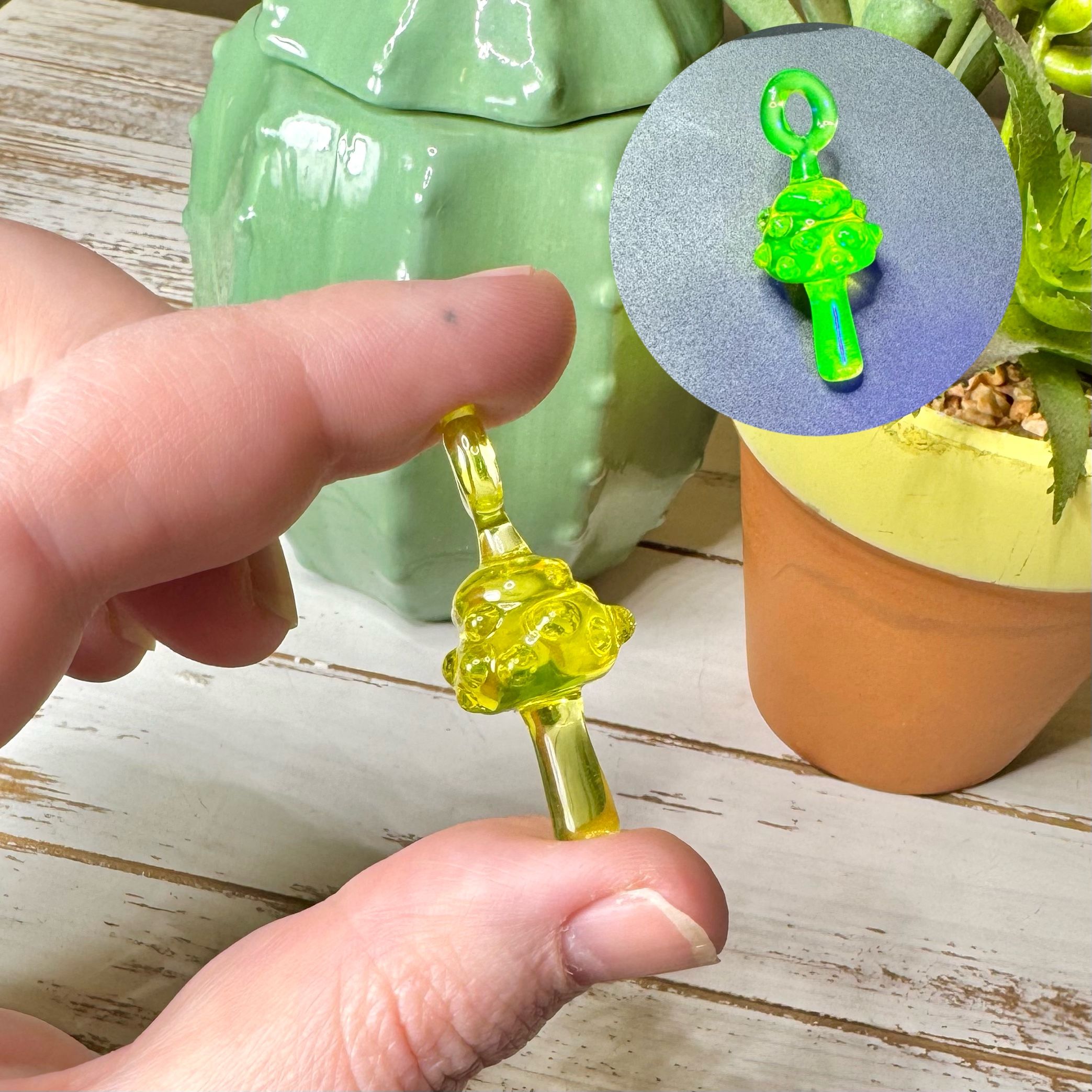 Hand Blown Uranium Glass Mushroom Pendant / Necklace. Handmade Lampwork Glass