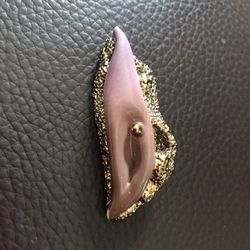 Modern Brooch in Gold/ Taupe-Purple Ceramic Tones, 2.5”