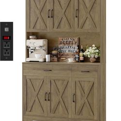 71" Pantry Cabinet with Charging Station, Tall Kitchen Pantry Storage Cabinet with Microwave Stand, Farmhouse Kitchen Hutch with Storage Dr