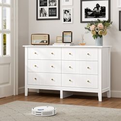 6 Drawer Double White Dresser for Bedroom, Modern Dresser Wood Storage Cabinet with Classic Handle for Living Room