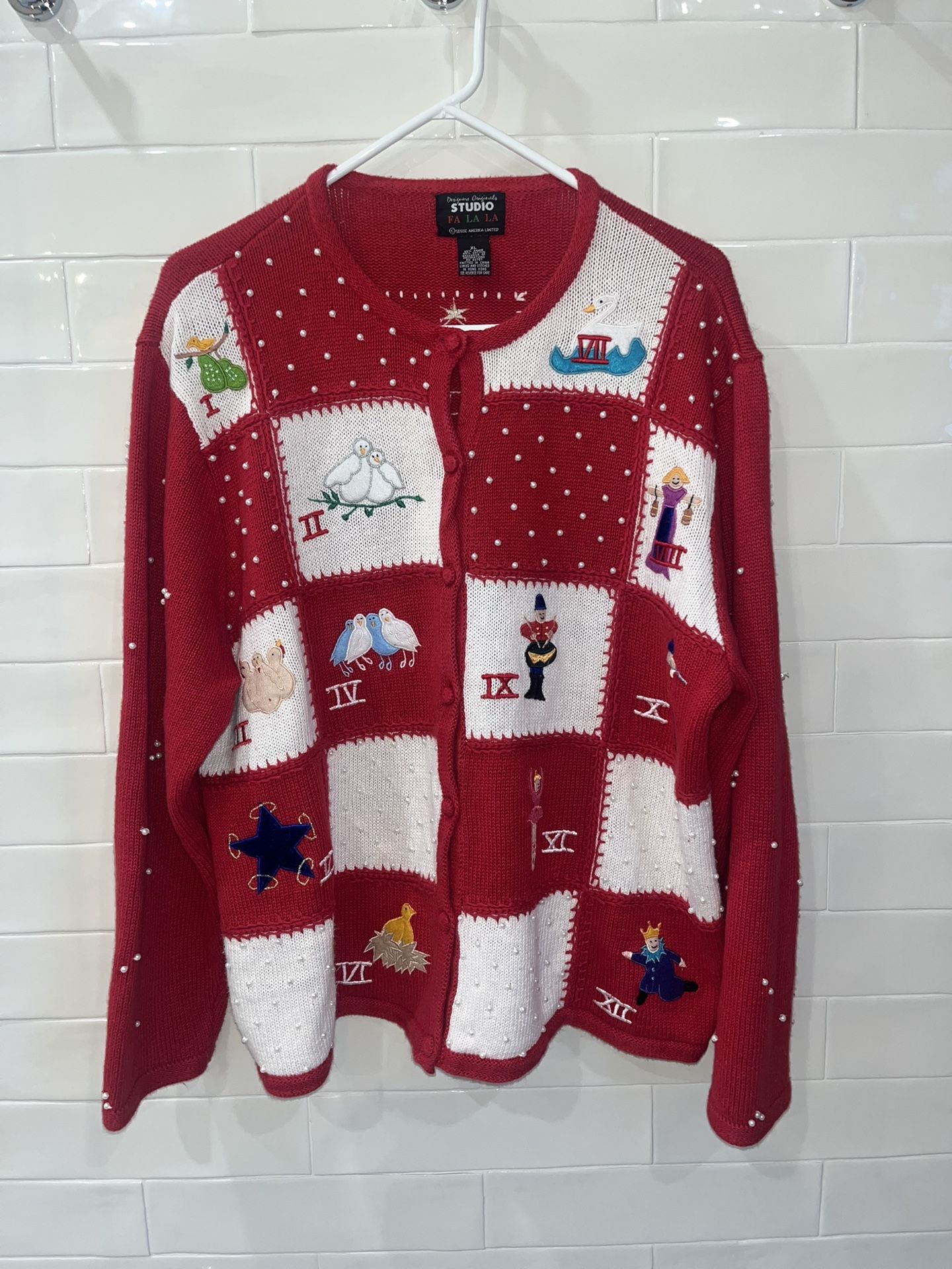 Vintage Christmas Sweater Kitschy Studio Fa La La 12 Days XL Holiday