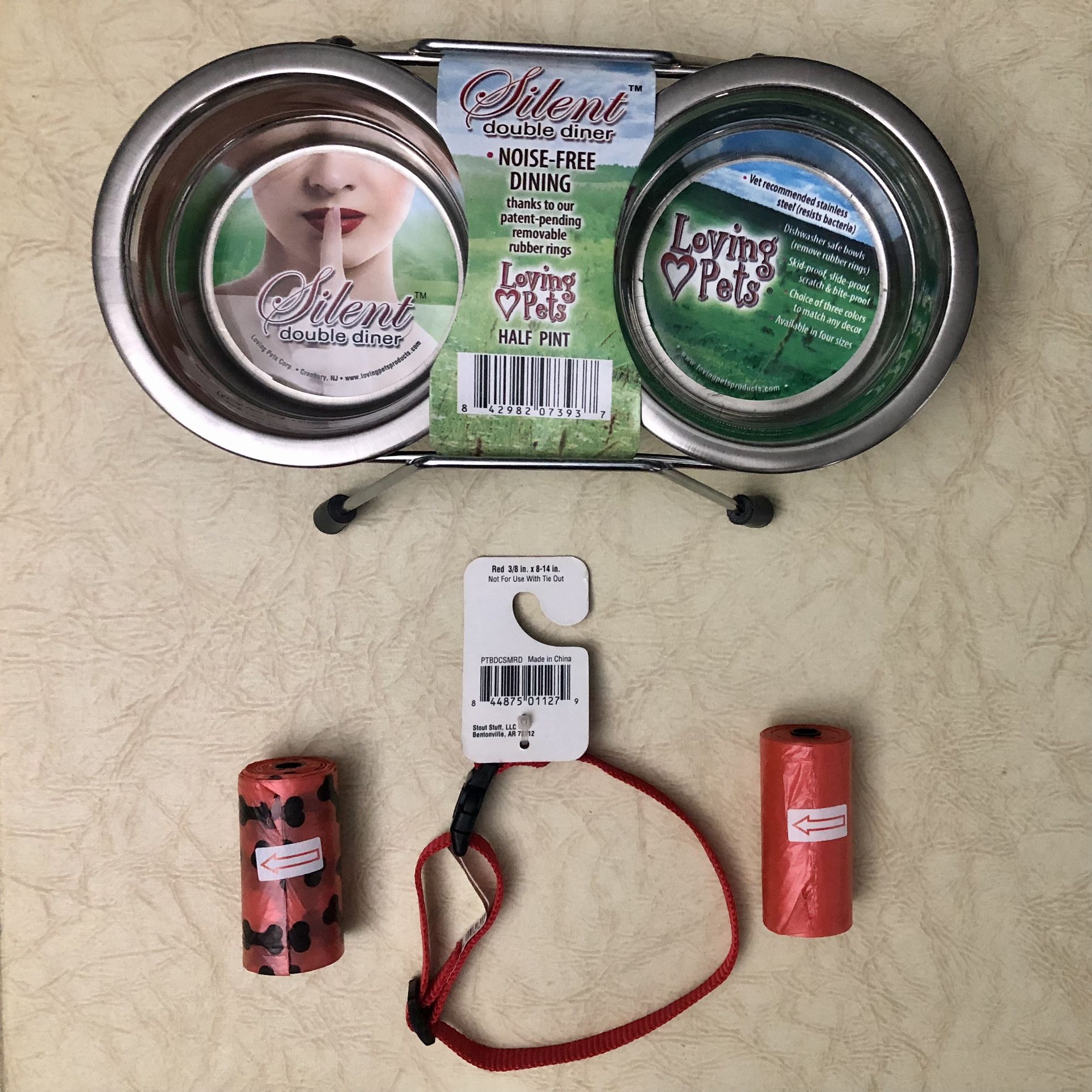 •LP Silent Double Diner Half Pint Bowl (Noise-free Dine) •Pet Champion Dog Collar Small Fits Pug/Boston Terrier Sizes Red • Dog Poop (Waste) Bags