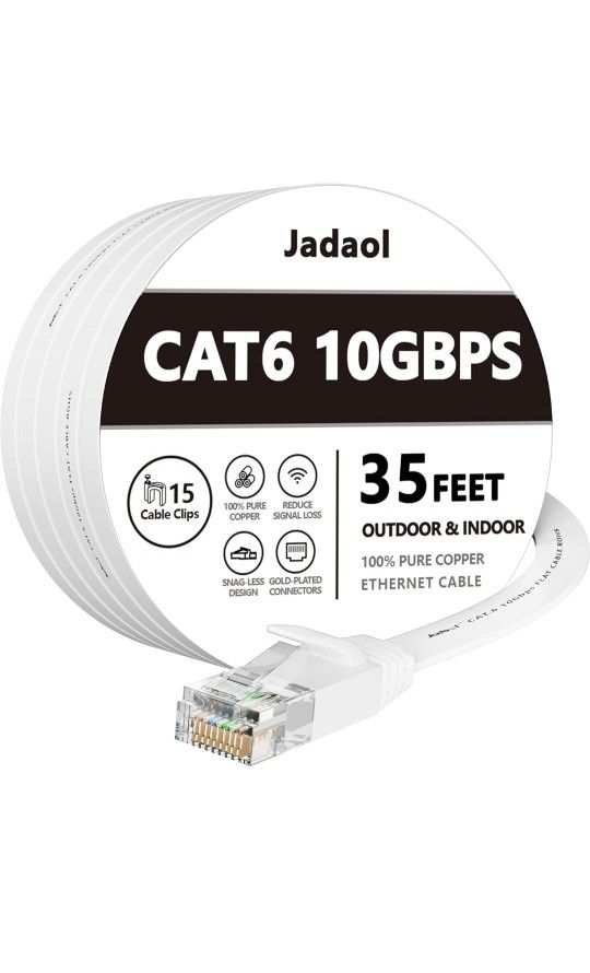 Cat 6 Ethernet Cable 35 ft, Outdoor & Indoor 10Gbps Support Cat8 Cat7 Network, Flat RJ45 Internet LAN Computer Patch Cable for Router, Modem, Switch,