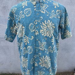 PreOwned Reyn Spooner Green Hawaiian Print Full Button Men's Medium