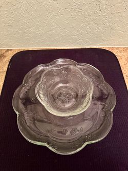 Two Piece Glass Chip and Dip Plate with Flower Imprint Set, Plate and Bowl Serving Set