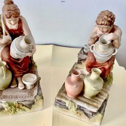 2 Early 20th Century Large Figurines / Bookends Grecian Potters 8” Tall Sylvan Fine China #1582 #1670 