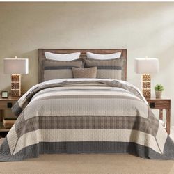 Finlonte 100% Cotton California King Bedspread Set – Oversized 120” x 120”, Charcoal/Beige, 3 Pieces