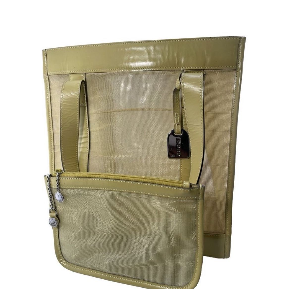 Gucci Vintage Leather Trimmed Mesh Bag With Wristlet And COA