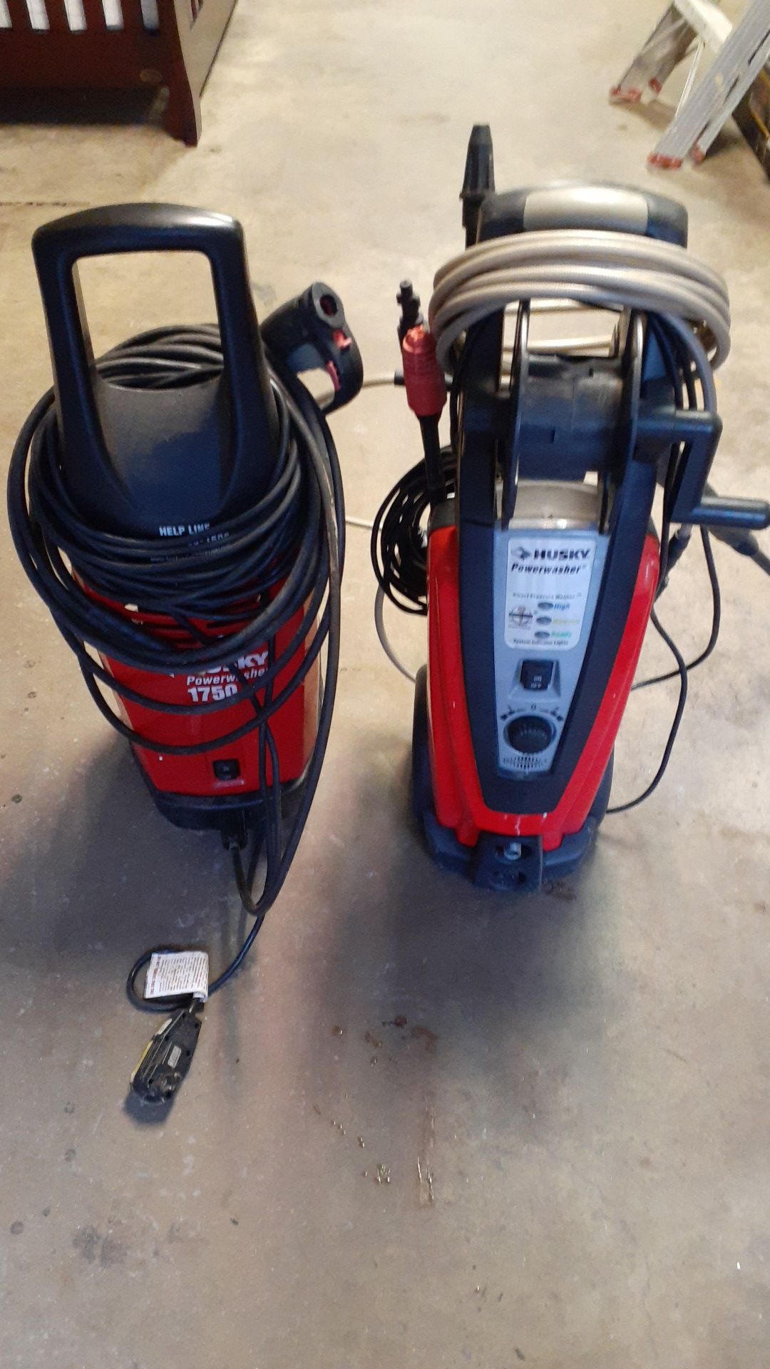 Husky electric power washers. One works great. The other doesn't throw as much pressure for some reason. Both for $150