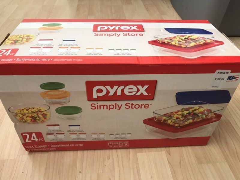 BRAND NEW Pyrex 24 Piece Glass Food Storage Container Set with Colored Lids